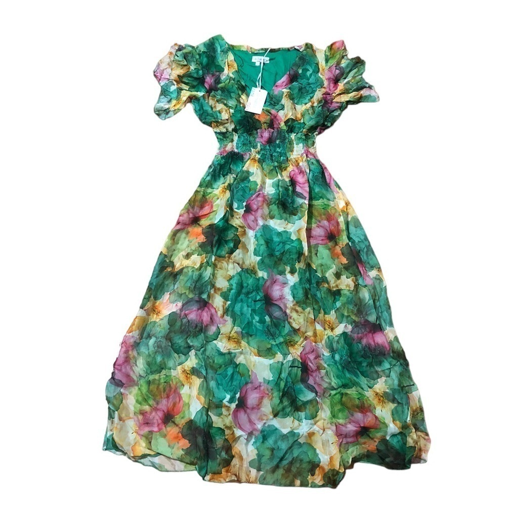 Le Raganne  Womens Maxi Dress Airy Silk Blend Floral Print NWT - Picture 2 of 9